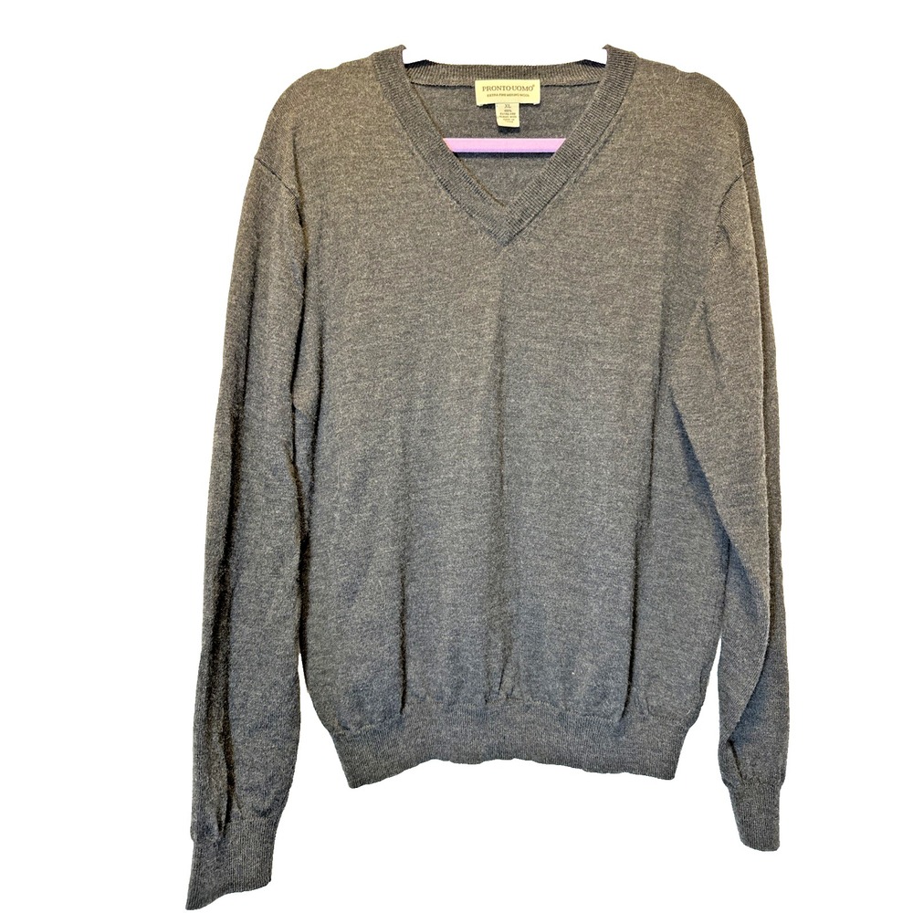 Pronto Uomo Mens Sweater XL Extra Fine 100% Merino Wool Charcoal Gray Pullover